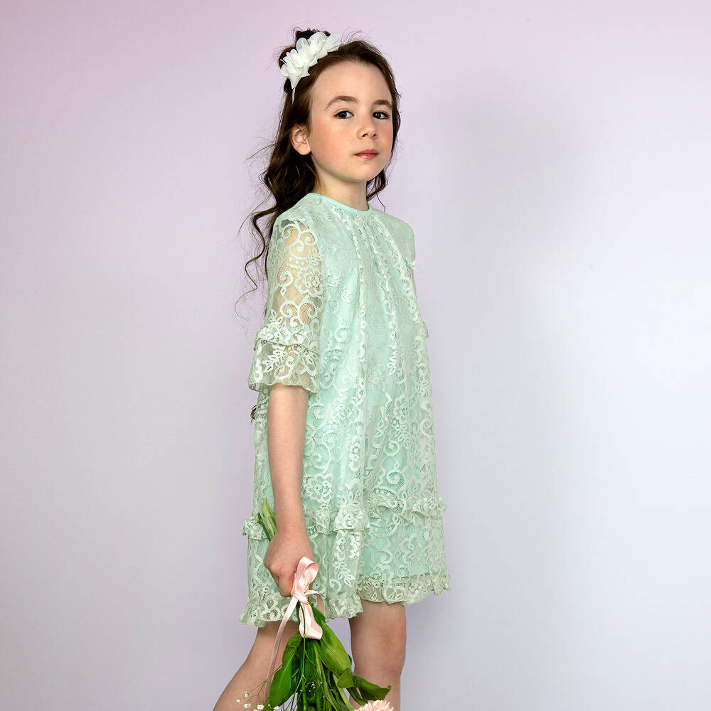 Le Chic-Girls Green Lace Ruffle Dress | Childrensalon Outlet