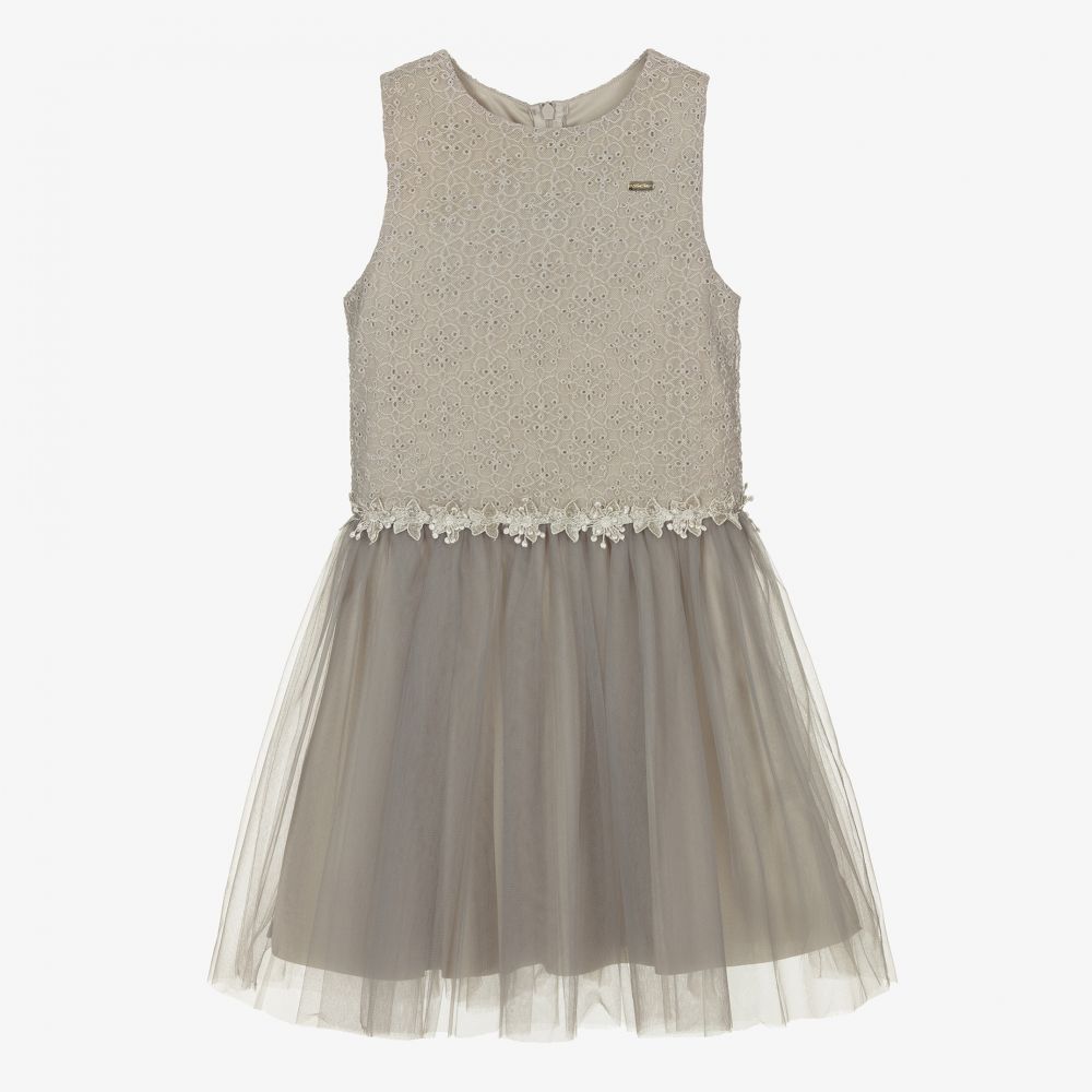 Le Chic - Girls Grey Tulle & Lace Dress | Childrensalon