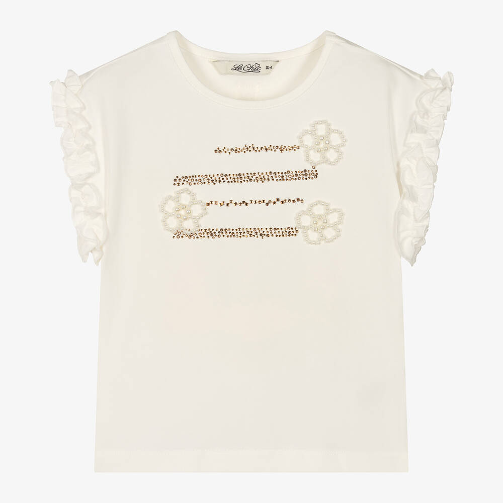 Le Chic-Girls Ivory Cotton Frilled T-Shirt | Childrensalon Outlet