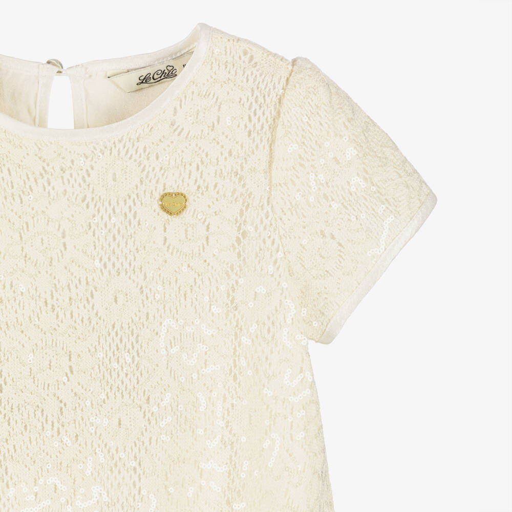 Le Chic-Girls Ivory Crochet Knit Dress with Sequins | Childrensalon Outlet