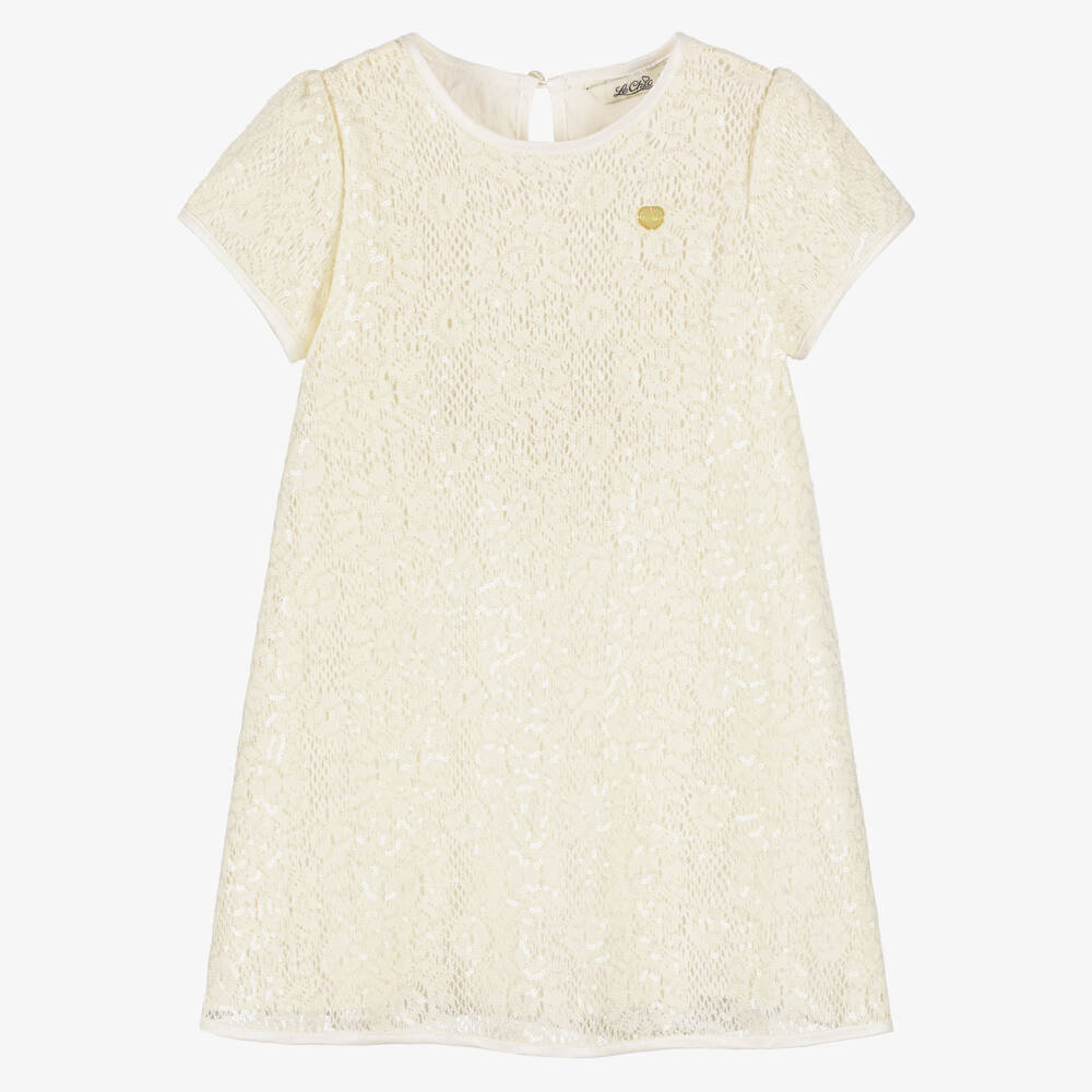 Le Chic-Girls Ivory Crochet Knit Dress with Sequins | Childrensalon Outlet