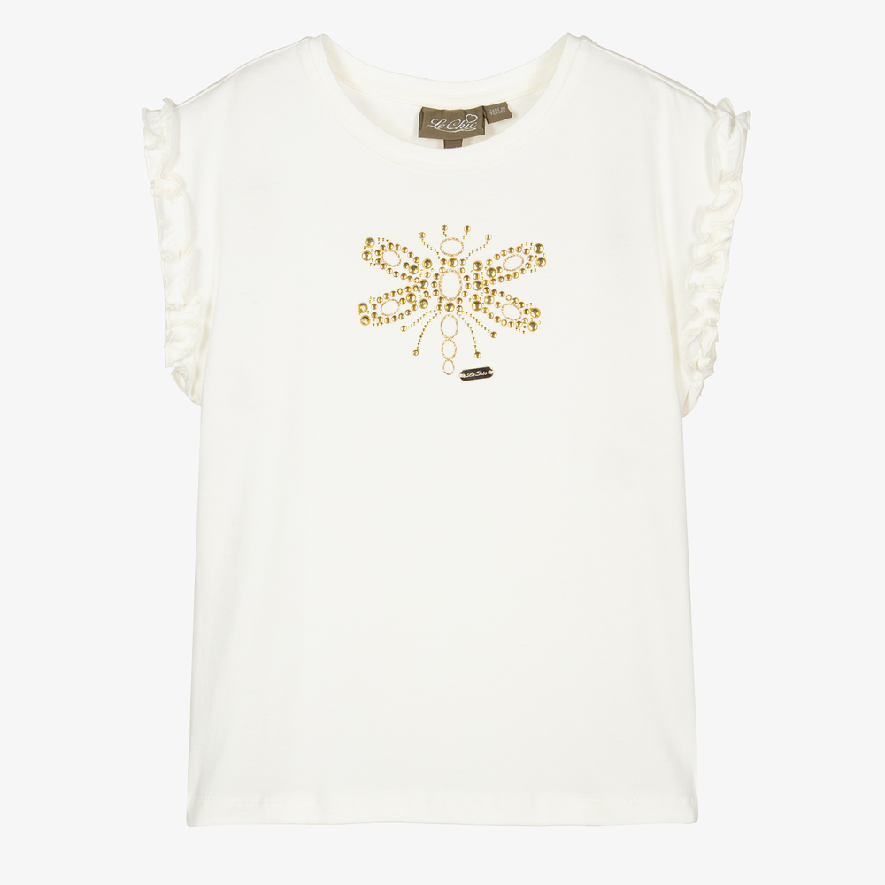Le Chic - Girls Ivory Diamanté T-Shirt | Childrensalon