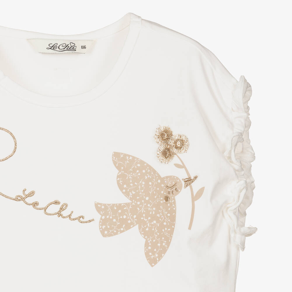 Le Chic-تيشيرت قطن عضوي جيرسي مطرز لون عاجي للبنات | Childrensalon Outlet
