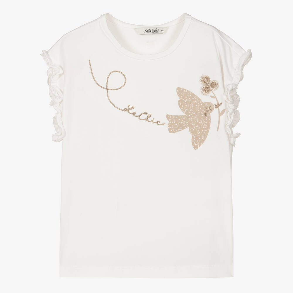 Le Chic-Girls Ivory Embroidered Organic Cotton T-Shirt | Childrensalon Outlet