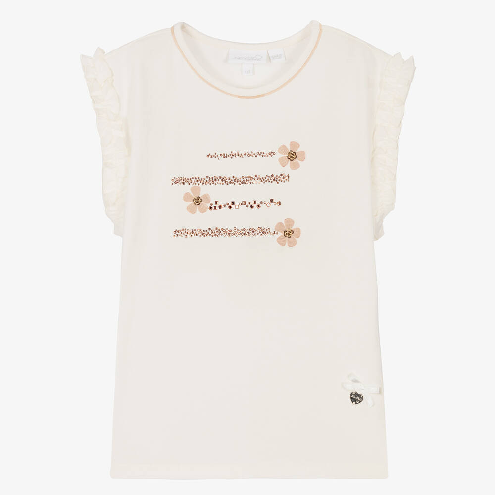 Le Chic - Girls Ivory & Gold Flowers T-Shirt  | Childrensalon