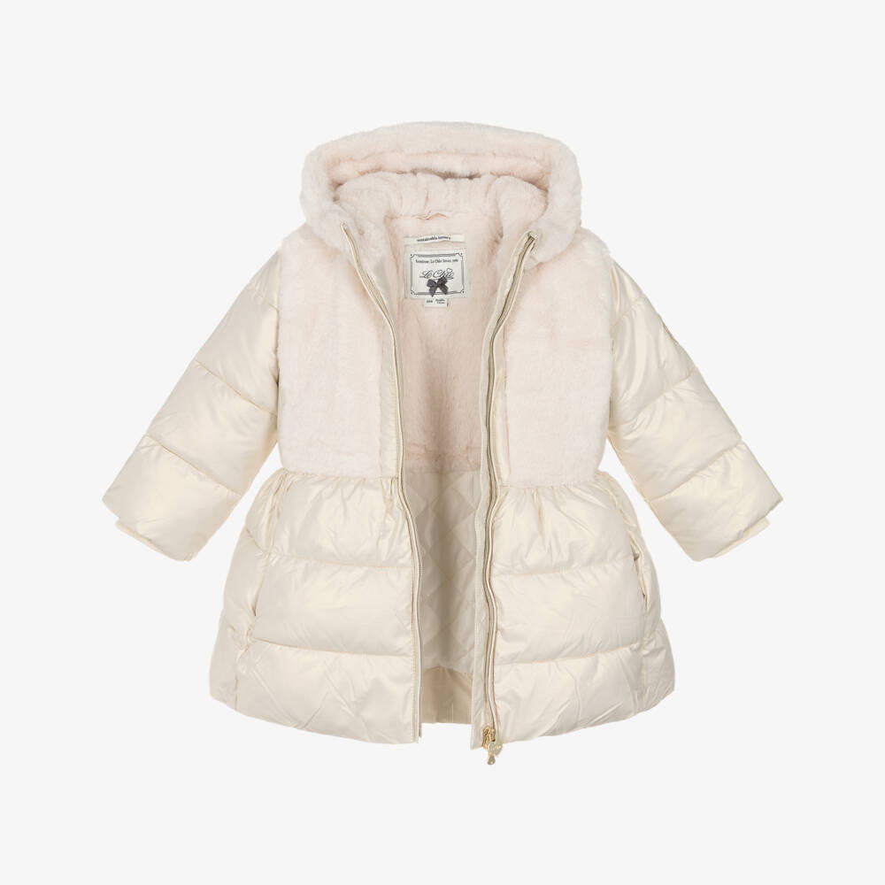 Le Chic-Girls Ivory Hooded Puffer Coat with Faux Fur Panels | Childrensalon Outlet