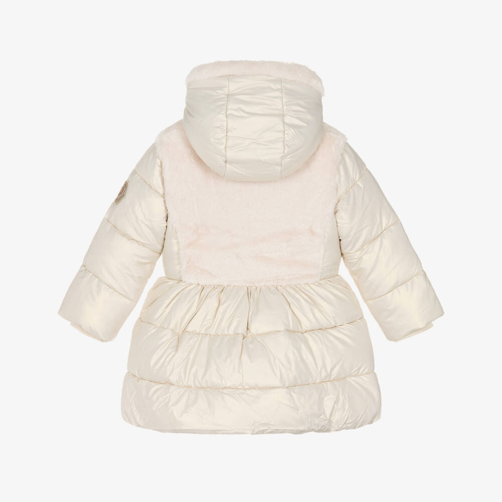 Le Chic-Girls Ivory Hooded Puffer Coat with Faux Fur Panels | Childrensalon Outlet