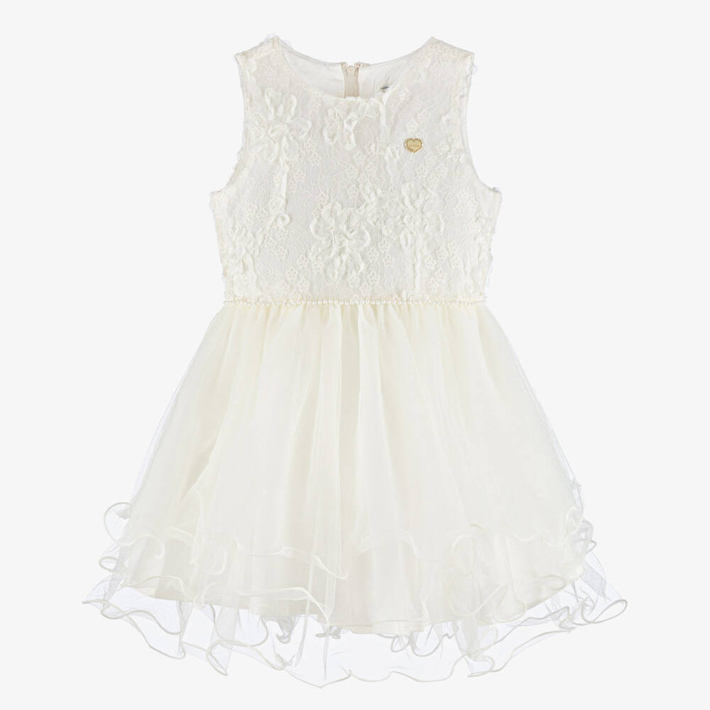 Le Chic-Girls Ivory Lace & Tulle Dress with Pearl Beads | Childrensalon Outlet