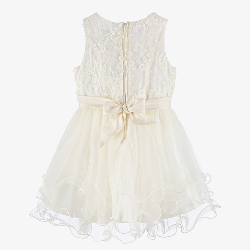 Le Chic-Girls Ivory Lace & Tulle Dress with Pearl Beads | Childrensalon Outlet