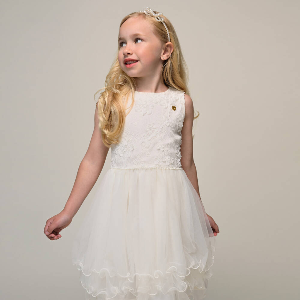 Le Chic-Girls Ivory Lace & Tulle Dress with Pearl Beads | Childrensalon Outlet