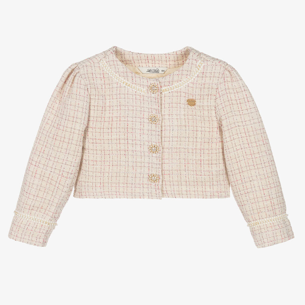 Le Chic - Girls Ivory & Pink Tweed Jacket  | Childrensalon