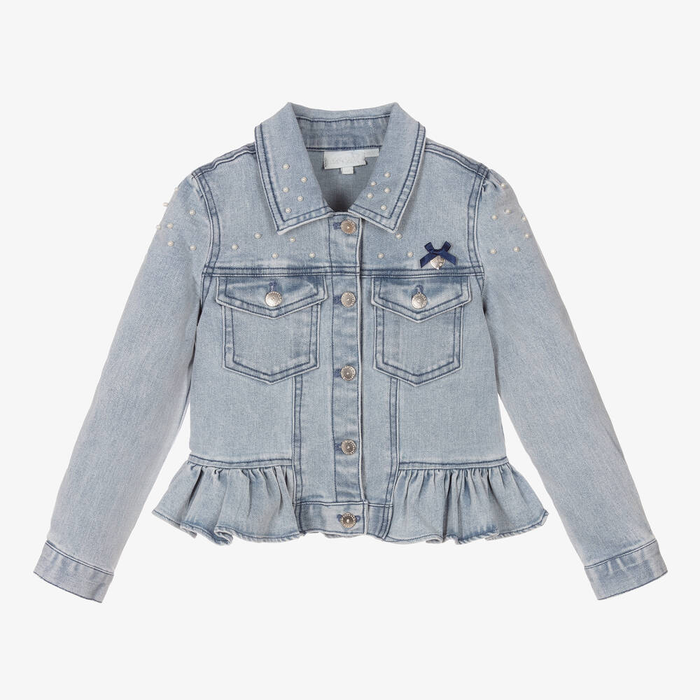 Le Chic - Girls Light Blue Pearls Denim Jacket | Childrensalon