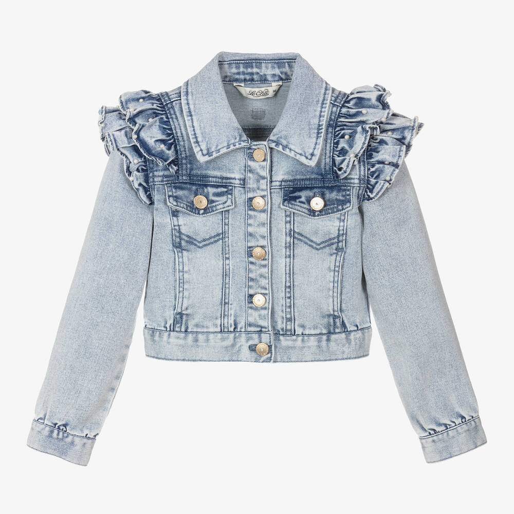 Girls Light Blue Ruffle Denim Jacket