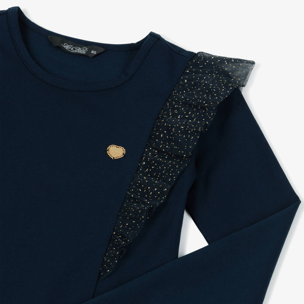 Le Chic-Girls Navy Blue Cotton Top with Glittery Tulle Ruffles | Childrensalon Outlet