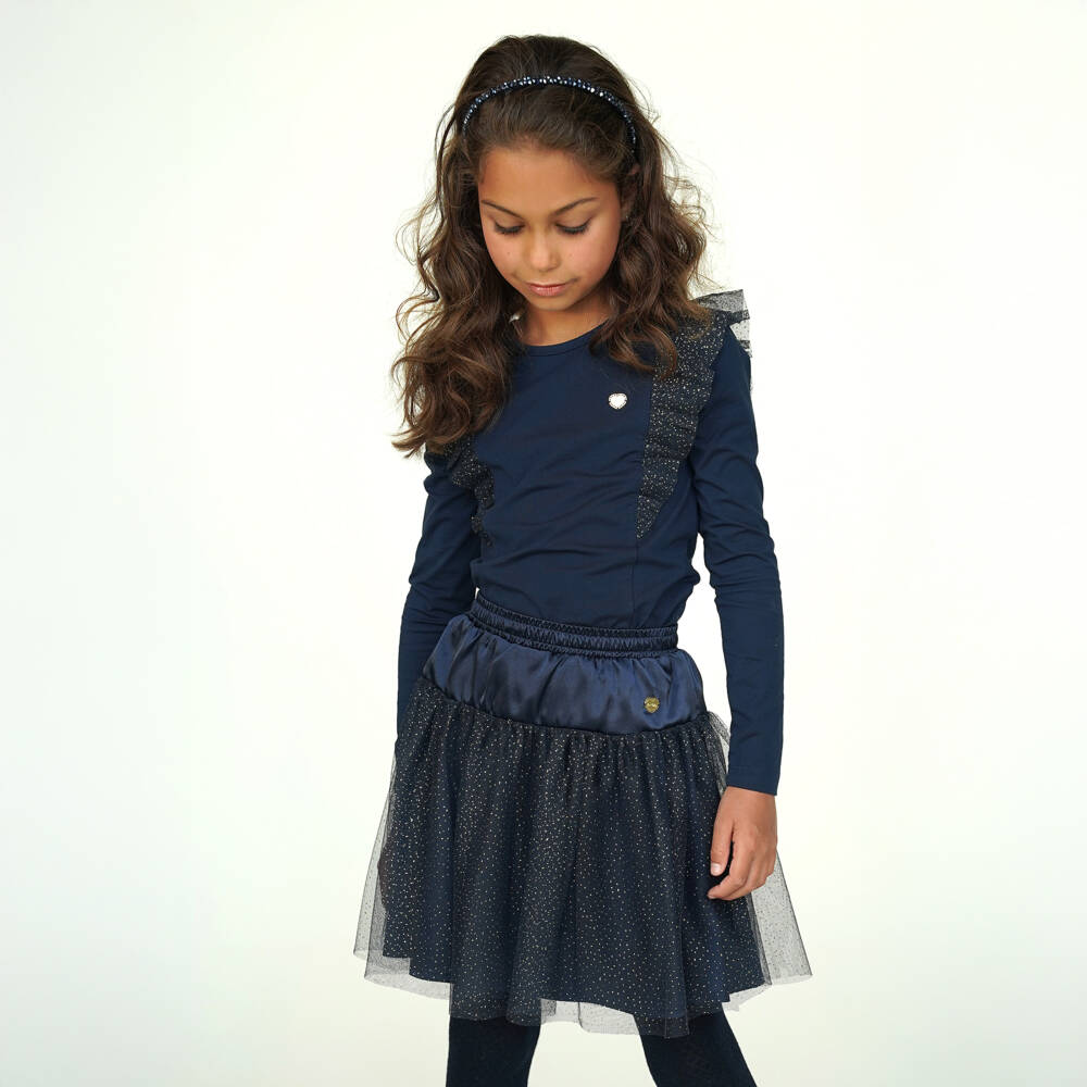 Le Chic-Girls Navy Blue Cotton Top with Glittery Tulle Ruffles | Childrensalon Outlet