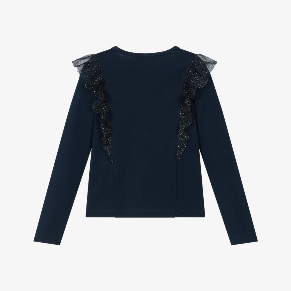 Le Chic-Girls Navy Blue Cotton Top with Glittery Tulle Ruffles | Childrensalon Outlet