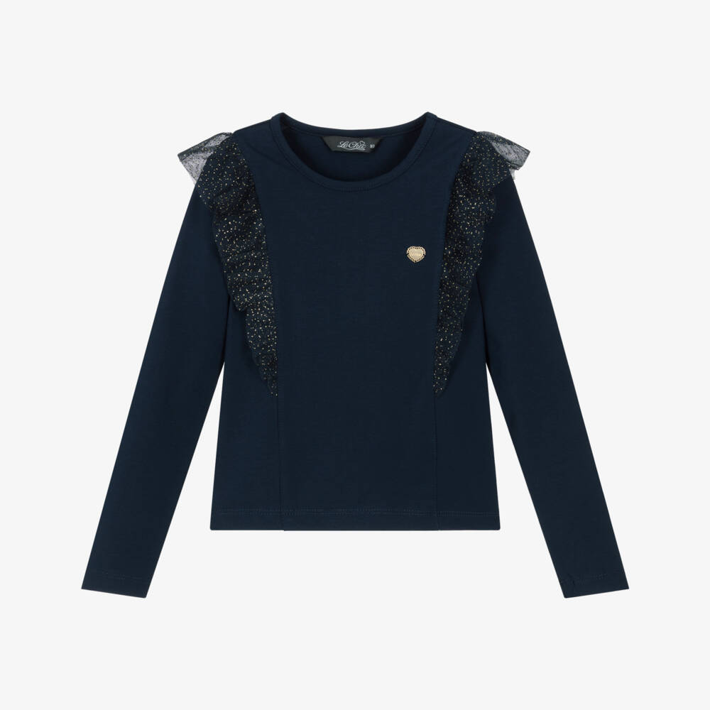 Le Chic-Girls Navy Blue Cotton Top with Glittery Tulle Ruffles | Childrensalon Outlet