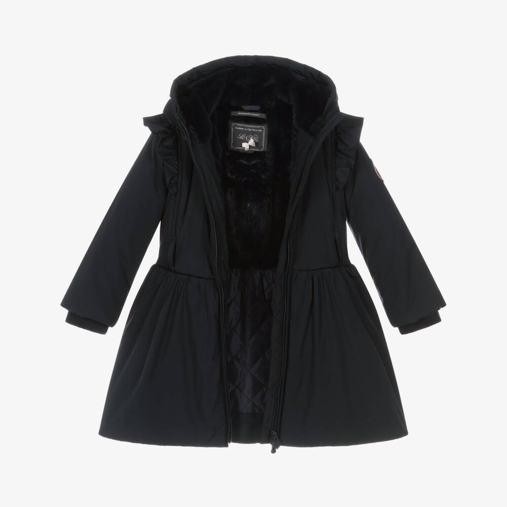 Le Chic-Girls Navy Blue Hooded Coat with Ruffles | Childrensalon Outlet