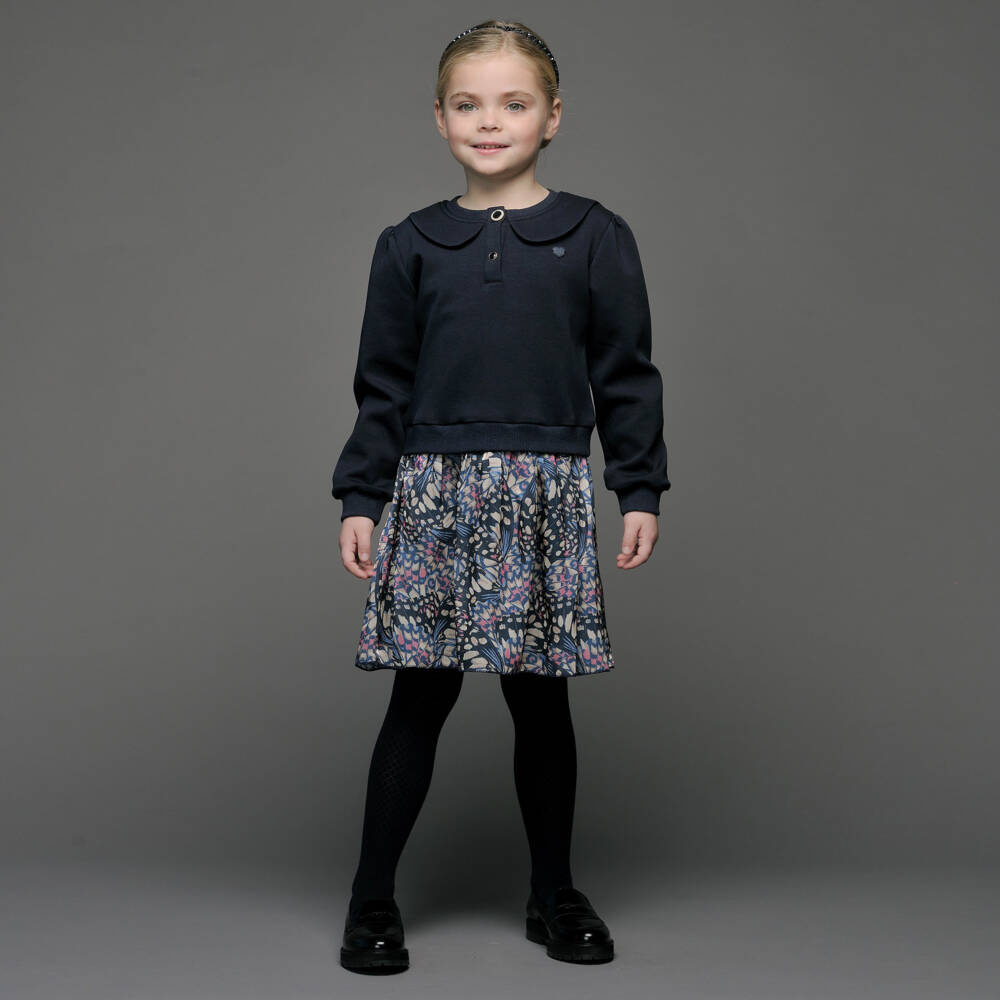 Le Chic-Girls Navy Blue Jersey Butterfly Print Dress | Childrensalon Outlet