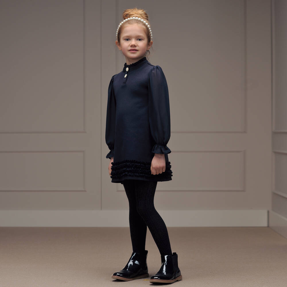 Le Chic-Girls Navy Ruffle Jersey Dress | Childrensalon Outlet