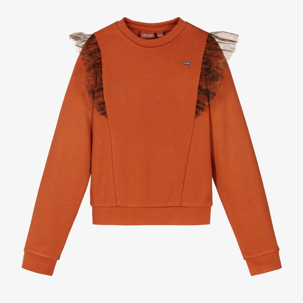 Le Chic - Girls Orange Ruffle Sweatshirt | Childrensalon