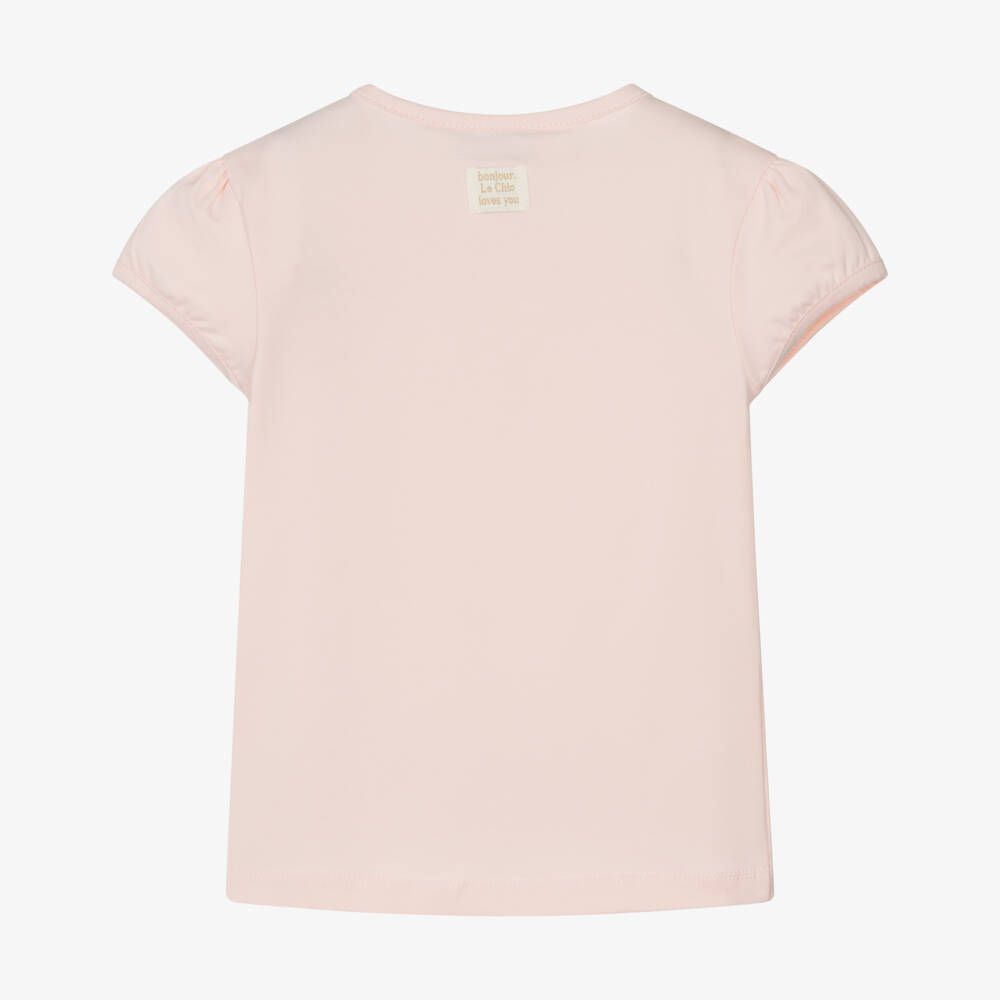 Le Chic-Girls Pale Pink Cotton T-Shirt with Faux Pearl Bow | Childrensalon Outlet