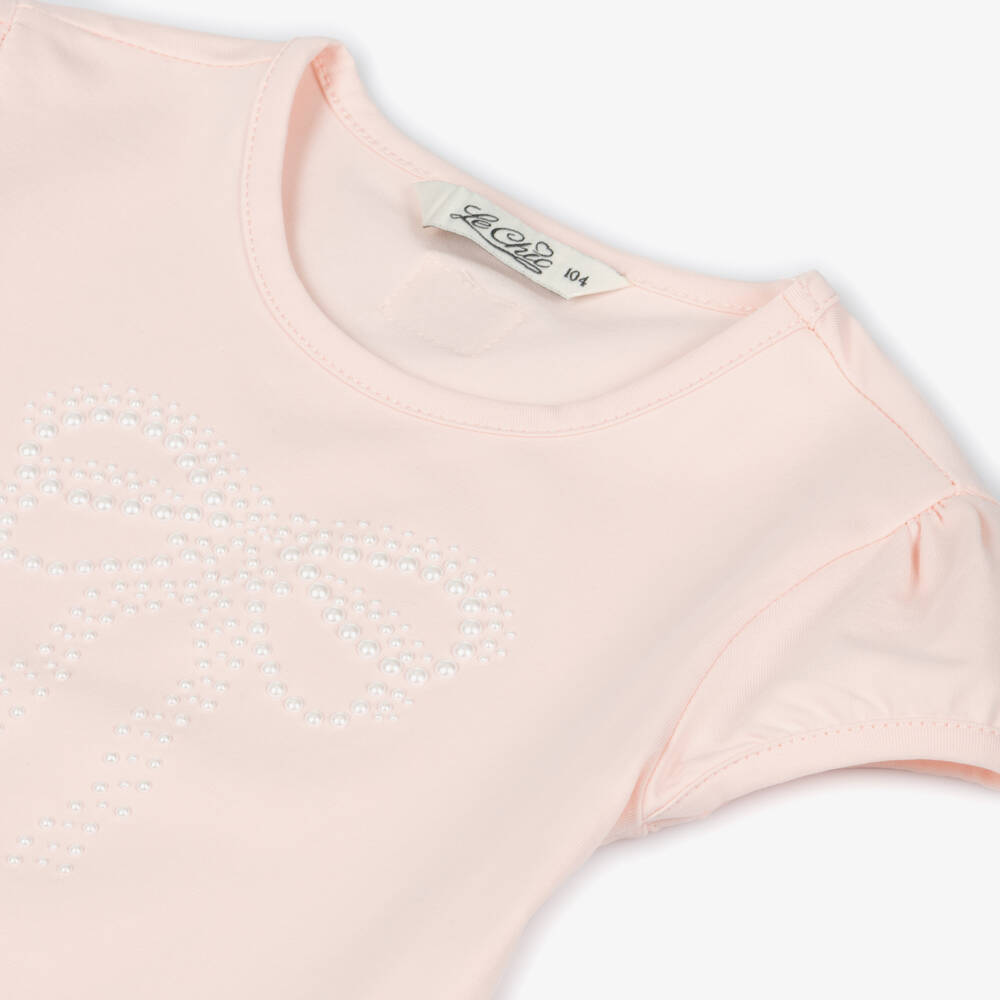 Le Chic-Girls Pale Pink Cotton T-Shirt with Faux Pearl Bow | Childrensalon Outlet