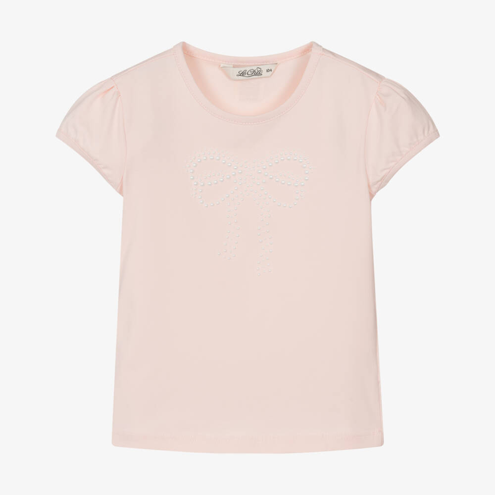Le Chic-Girls Pale Pink Cotton T-Shirt with Faux Pearl Bow | Childrensalon Outlet