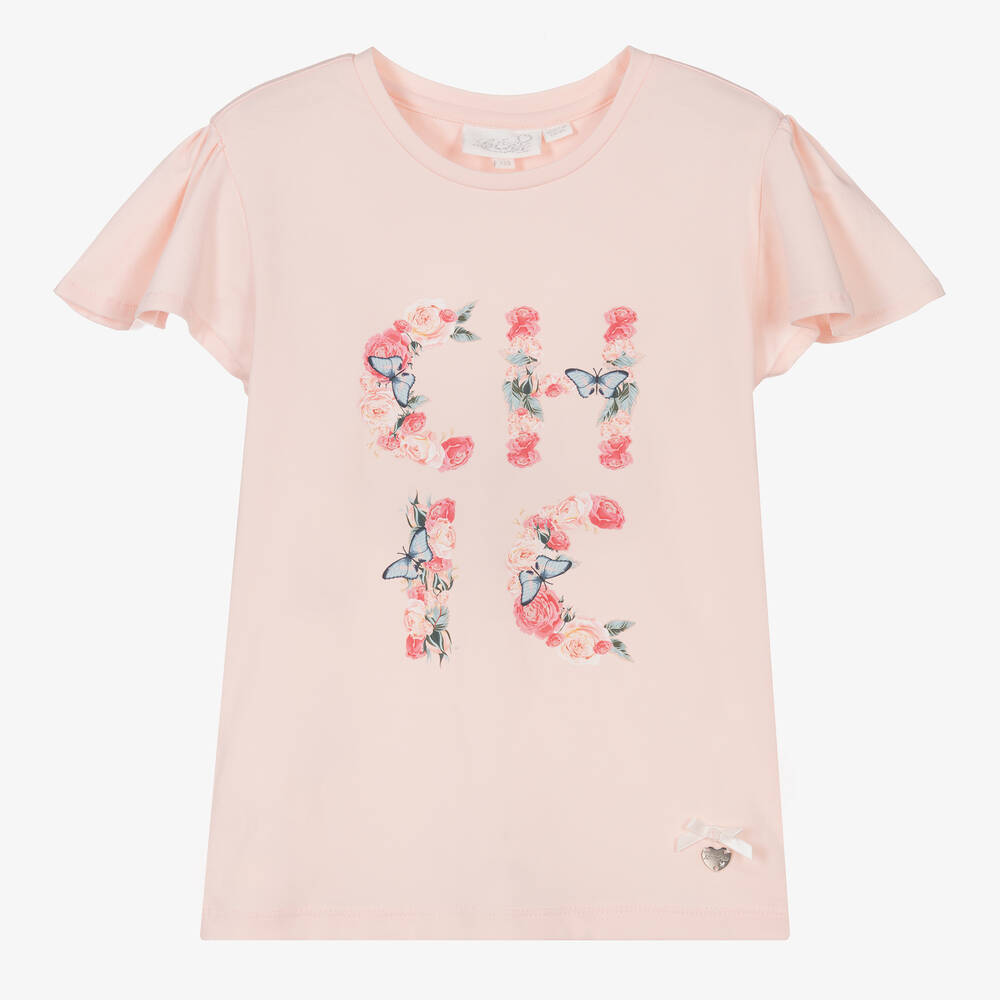 Le Chic - Girls Pink Cotton Flower Logo T-Shirt  | Childrensalon