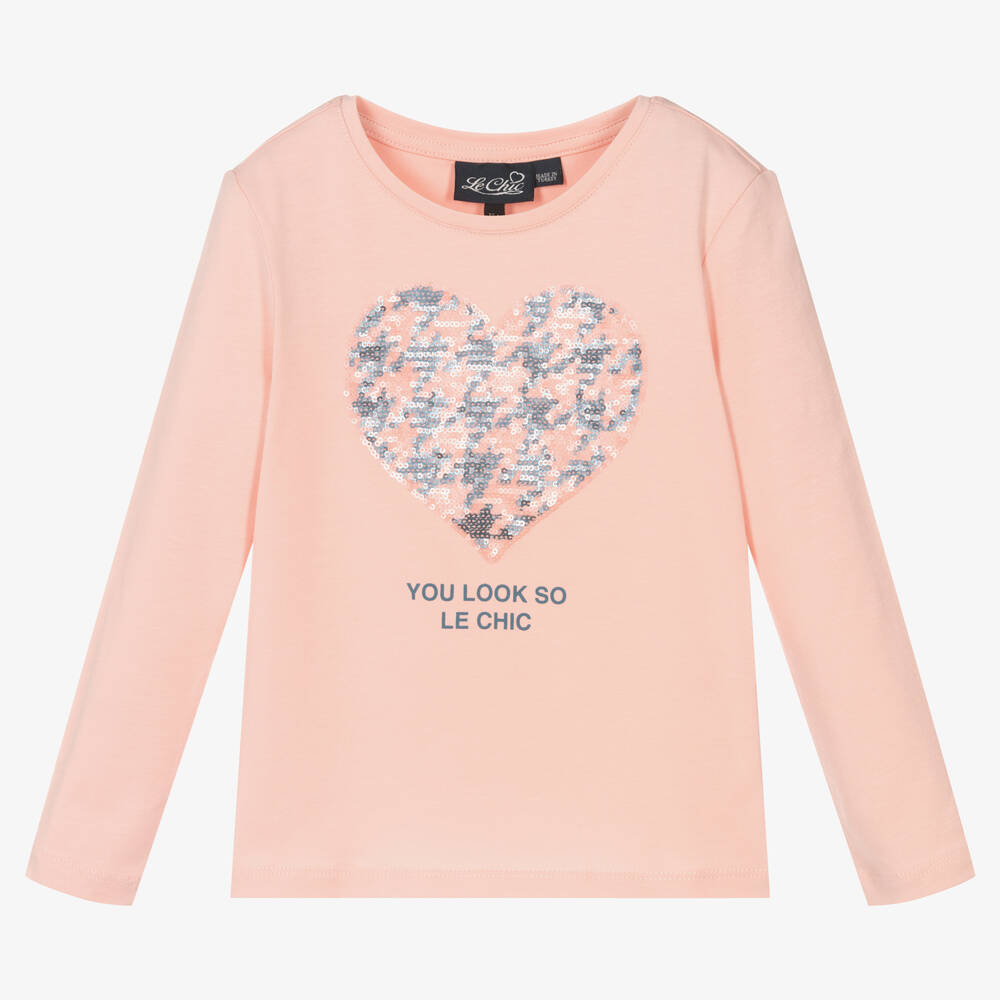 Le Chic - Girls Pink Cotton Heart Top | Childrensalon