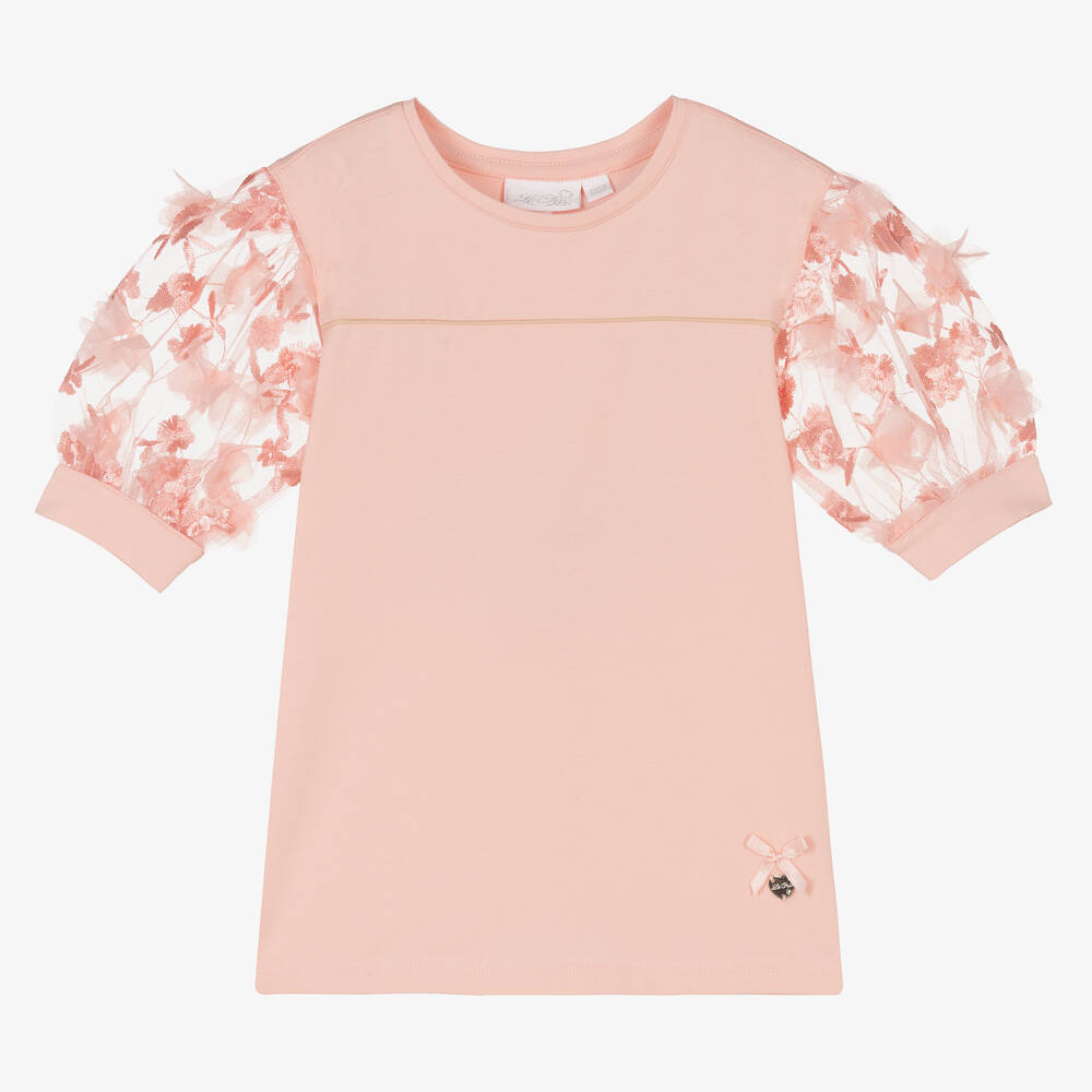 Le Chic - Girls Pink Cotton Tulle Sleeve Top | Childrensalon