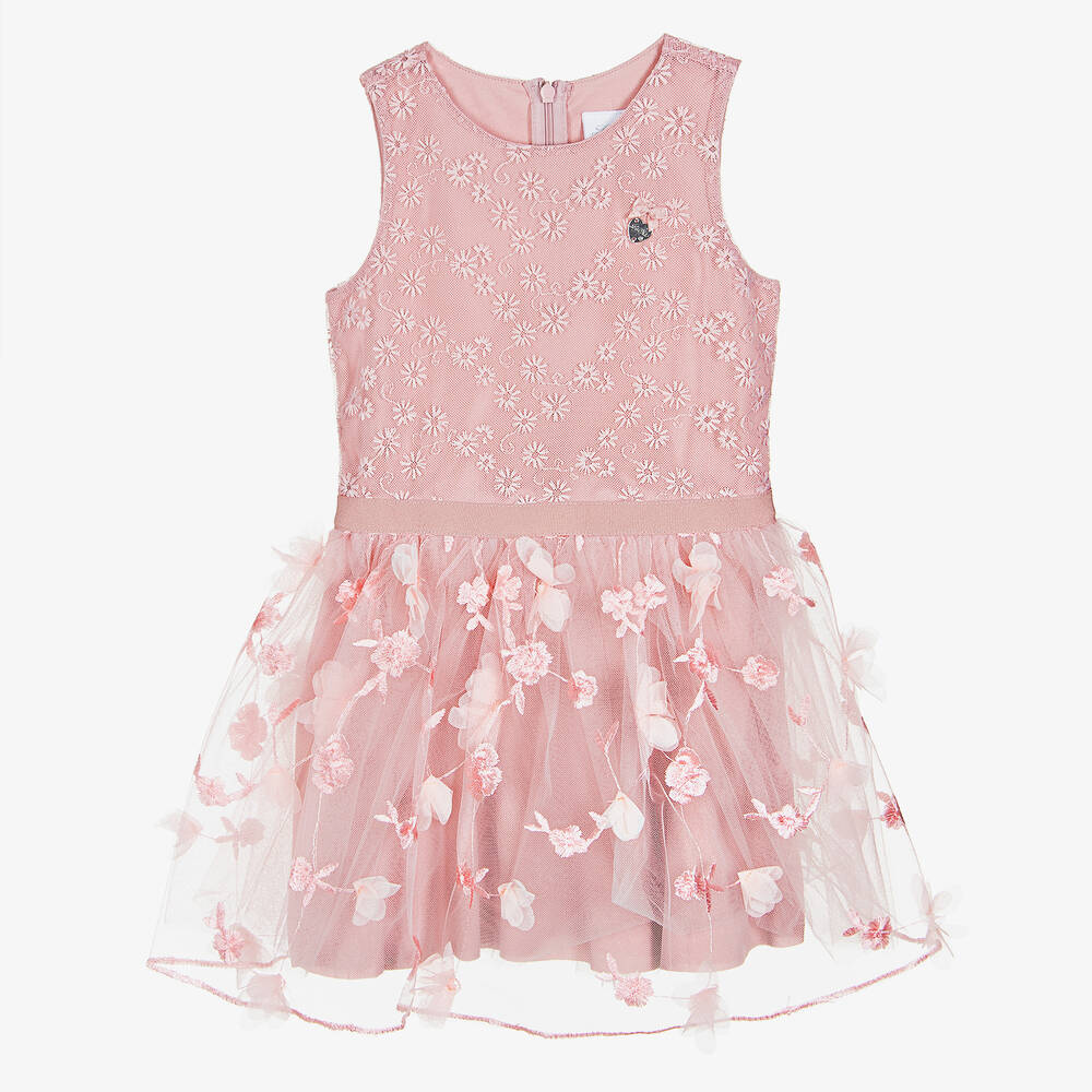 Le Chic - Girls Pink Embroidered Tulle Dress | Childrensalon