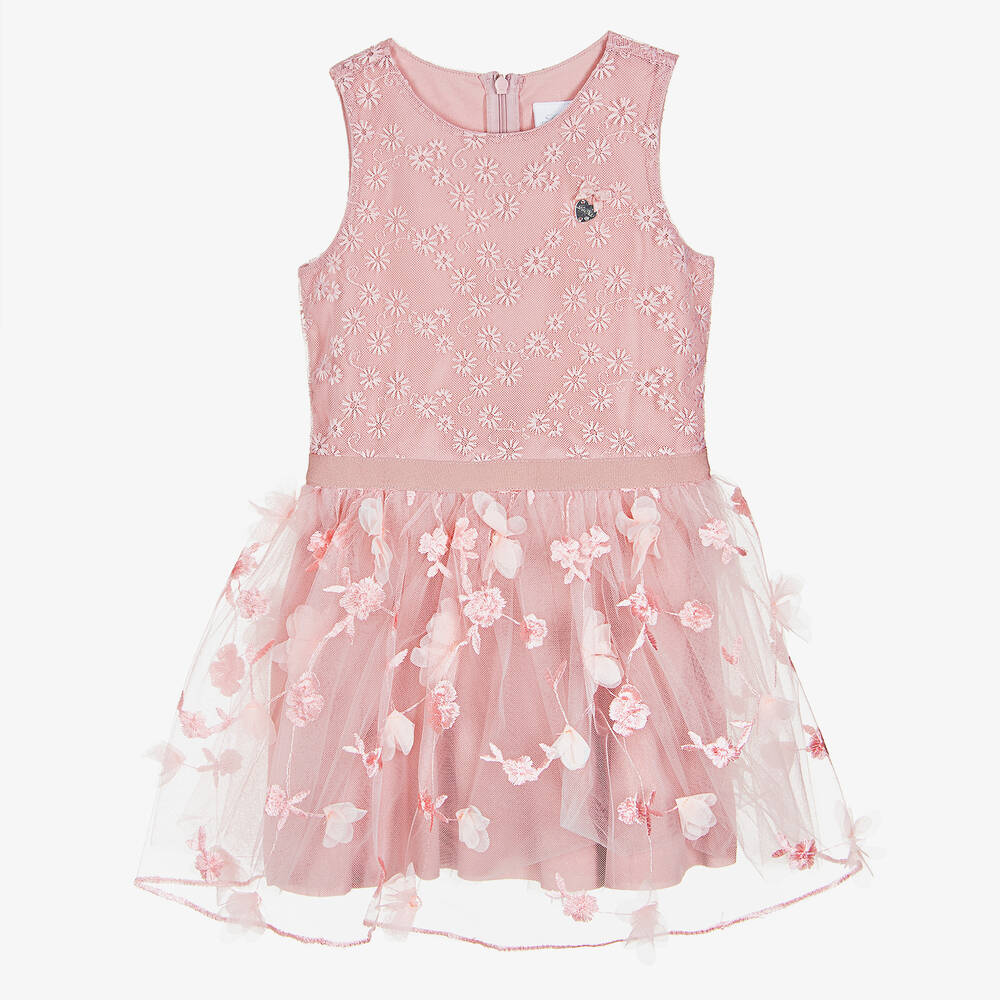 Le Chic - Robe rose en tulle brodé fille | Childrensalon