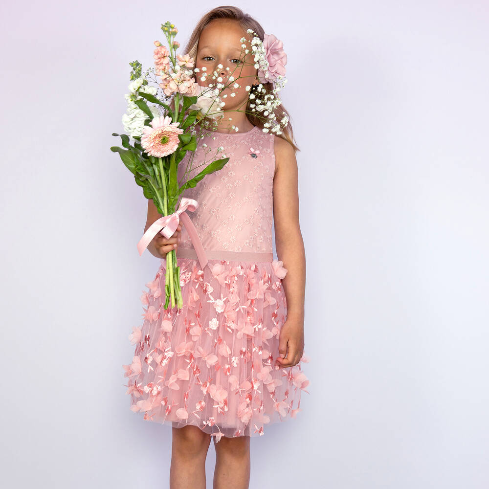 Le Chic-Girls Pink Embroidered Tulle Dress | Childrensalon Outlet