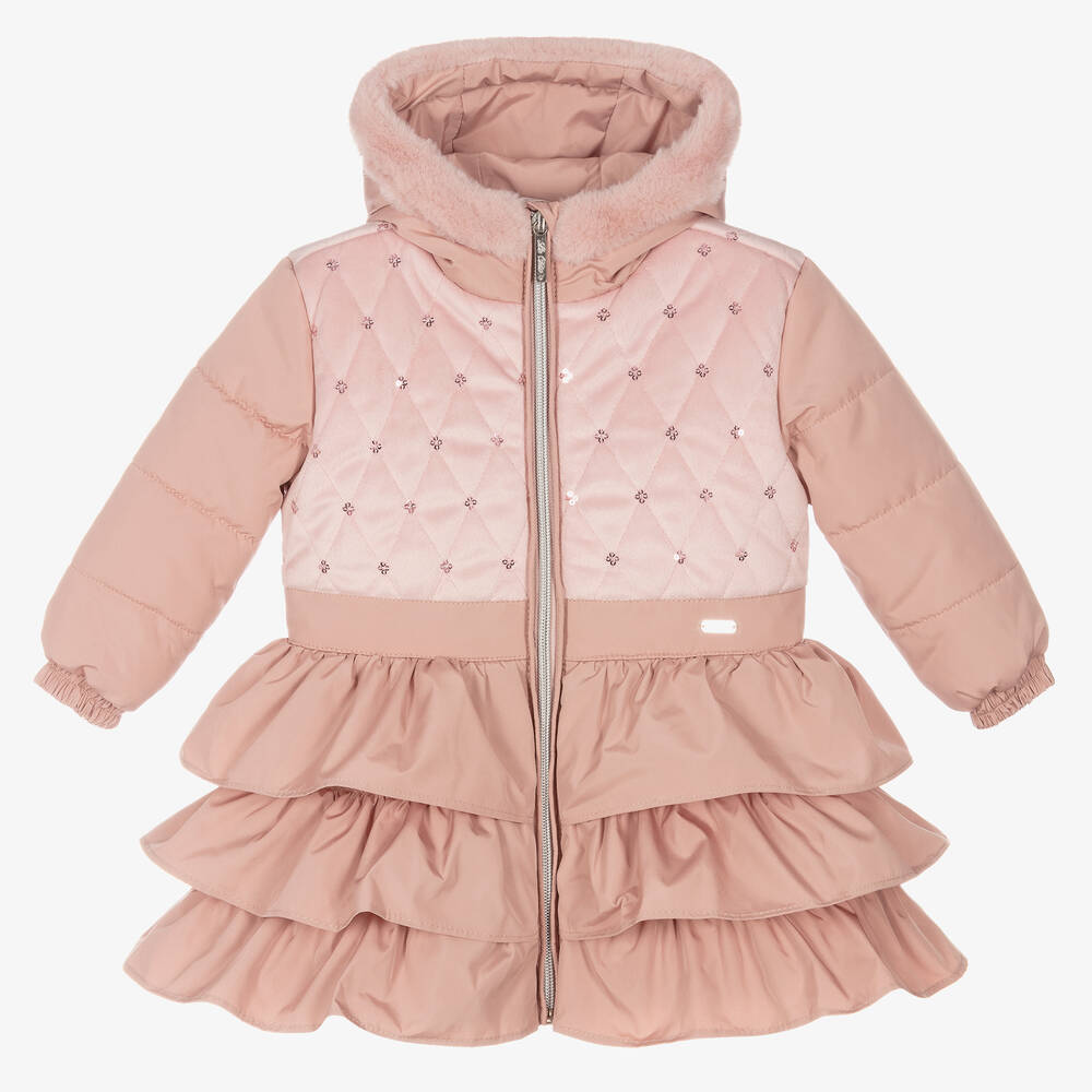 Le Chic - Girls Pink Hooded Ruffle Coat | Childrensalon