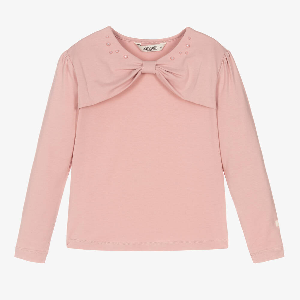 Le Chic - Girls Pink Pearl Bow Top | Childrensalon