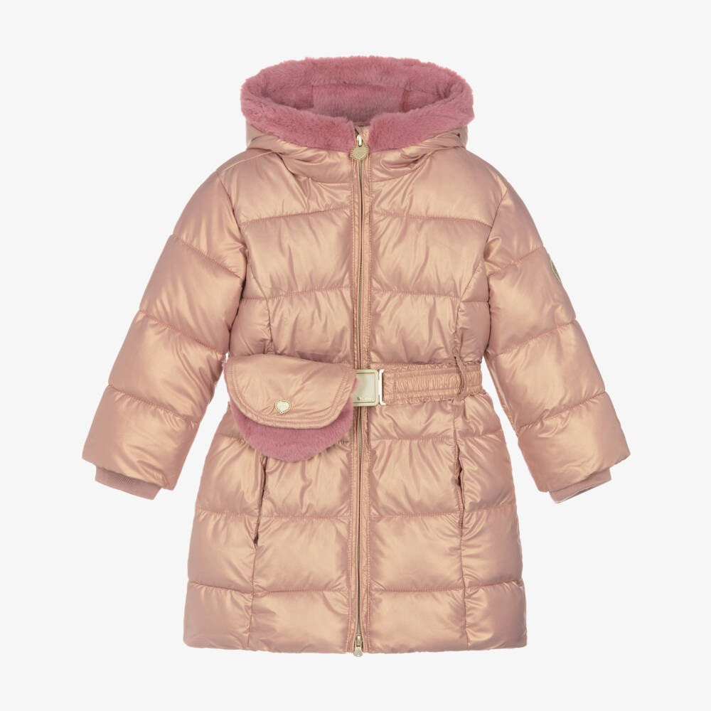 Le Chic-Girls Pink Puffer Coat with Bag Belt & Golden Sheen | Childrensalon Outlet