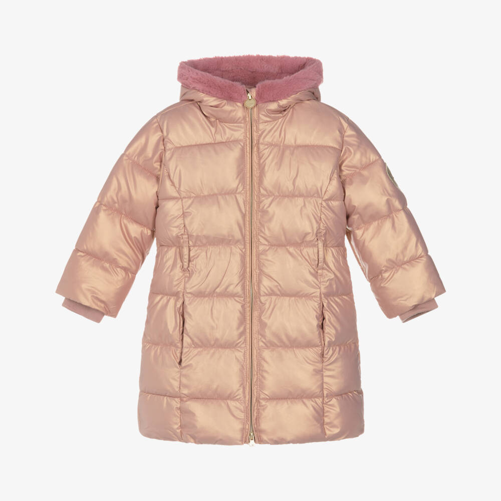 Le Chic-Girls Pink Puffer Coat with Bag Belt & Golden Sheen | Childrensalon Outlet