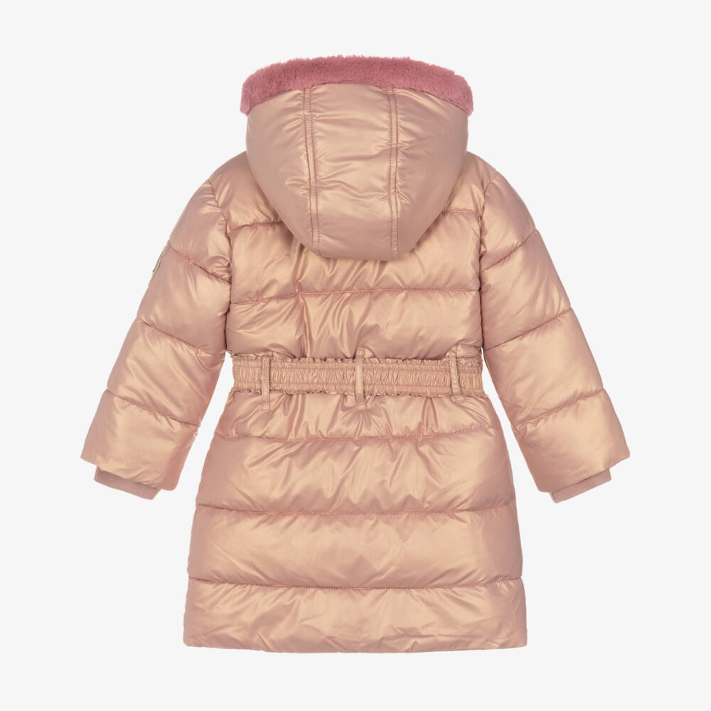 Le Chic-Girls Pink Puffer Coat with Bag Belt & Golden Sheen | Childrensalon Outlet