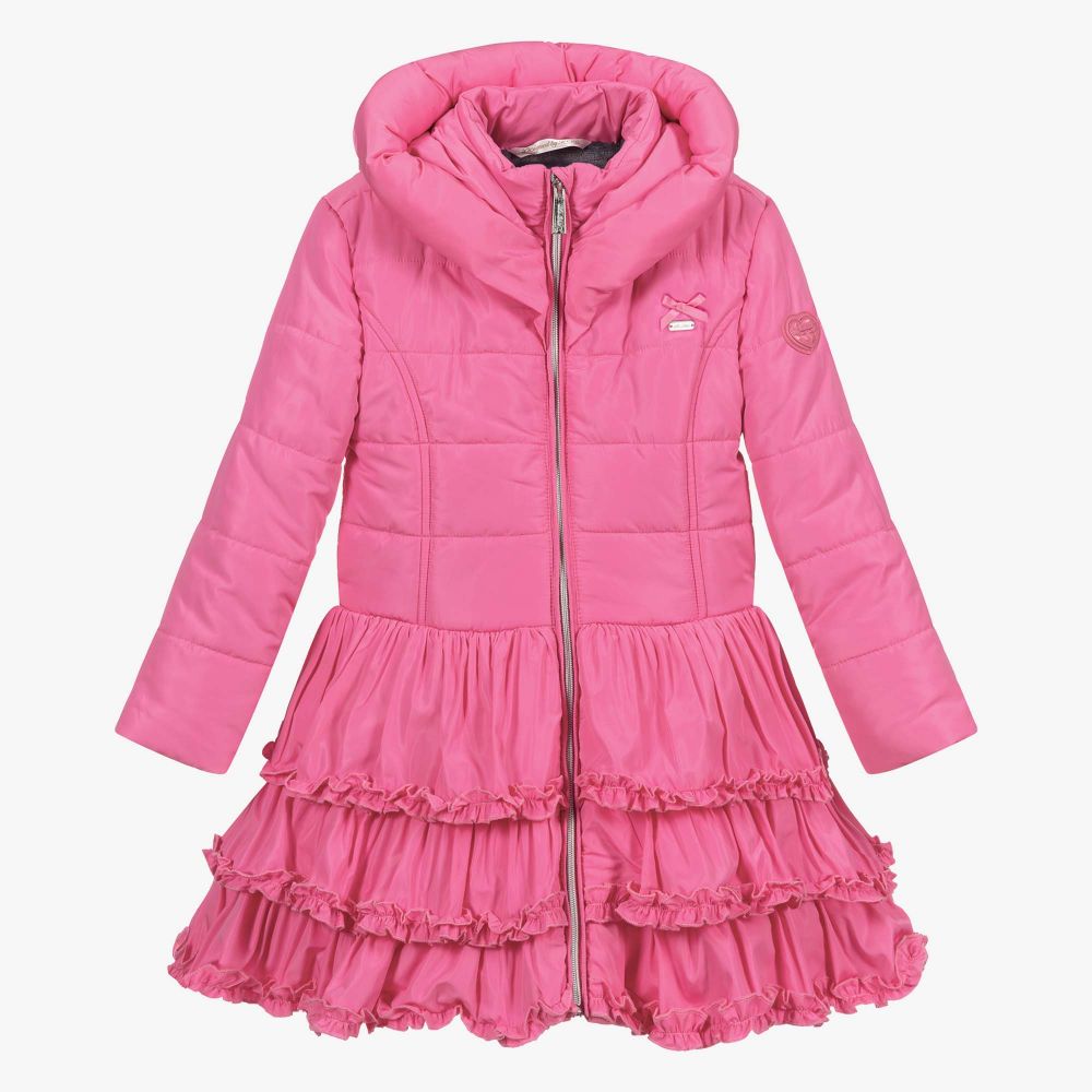 Le Chic - Girls Pink Puffer Ruffle Coat | Childrensalon