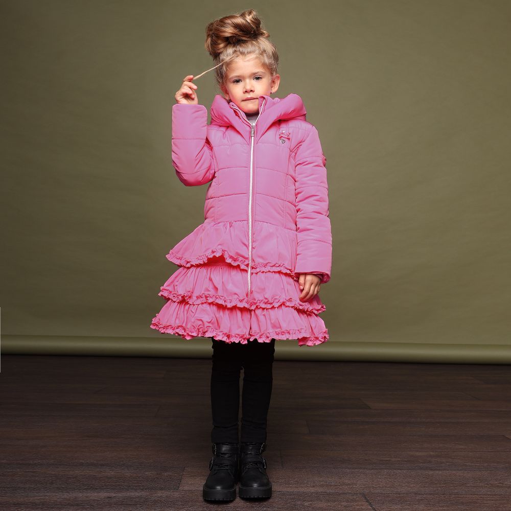 Le Chic Girls Pink Puffer Ruffle Coat Childrensalon Outlet