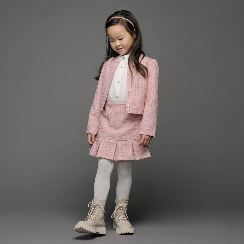 Le Chic-Girls Pink Tweed Skirt with Pleated Hem | Childrensalon Outlet