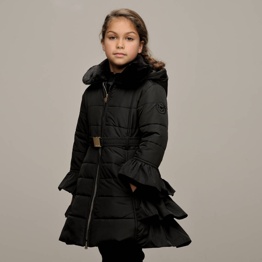 Le Chic-Girls Quilted Black Ruffle Coat | Childrensalon Outlet