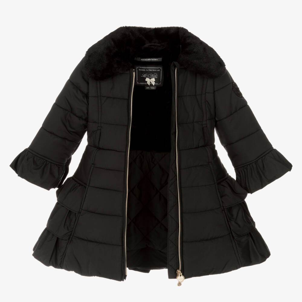 Le Chic-Girls Quilted Black Ruffle Coat | Childrensalon Outlet