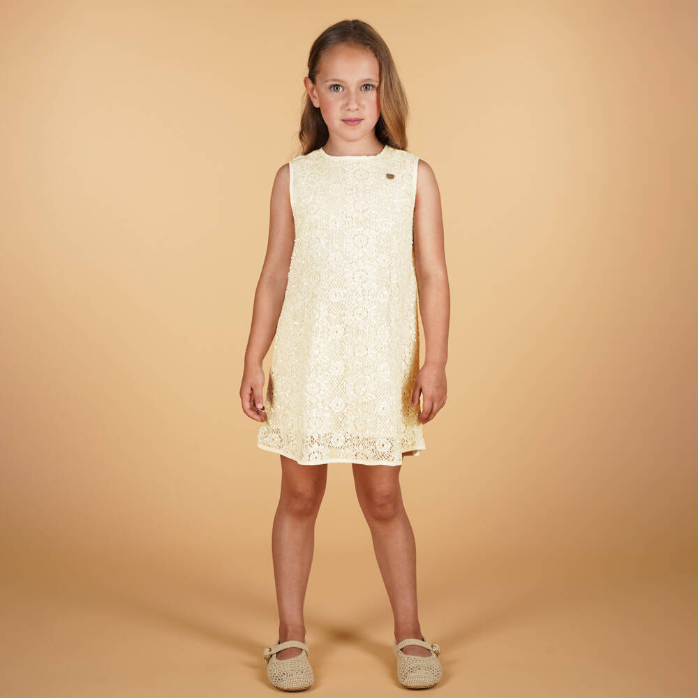 Le Chic-Girls Sequin-Embellished Ivory Crochet Dress | Childrensalon Outlet