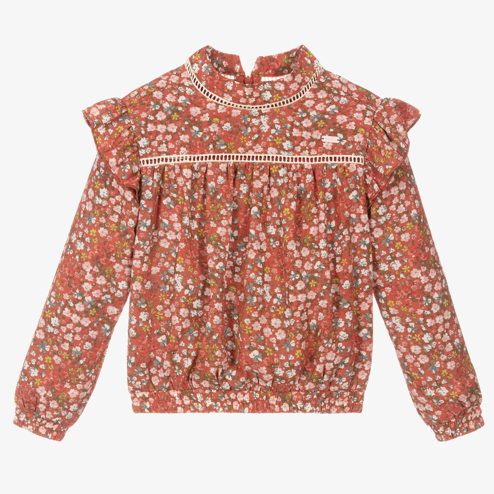 Le Chic - Girls Tan Brown Floral Blouse  | Childrensalon