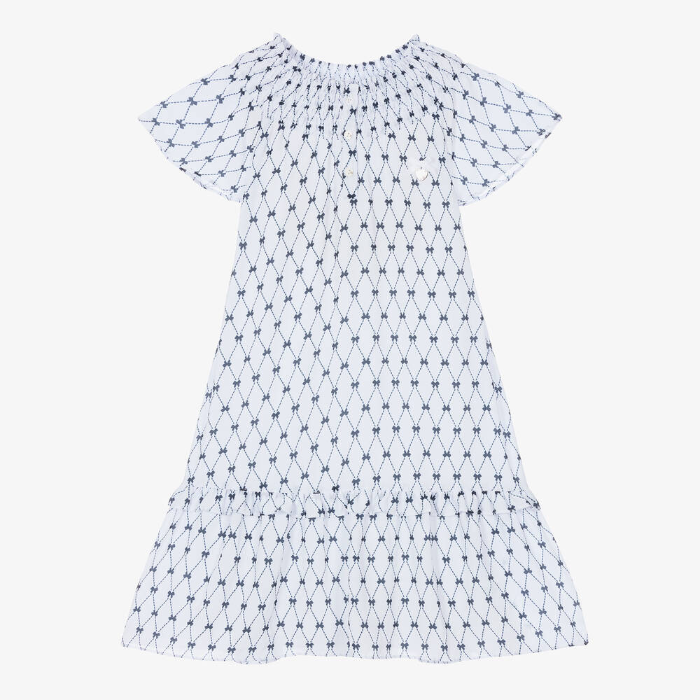 Le Chic - Girls White & Blue Chiffon Bow Dress | Childrensalon