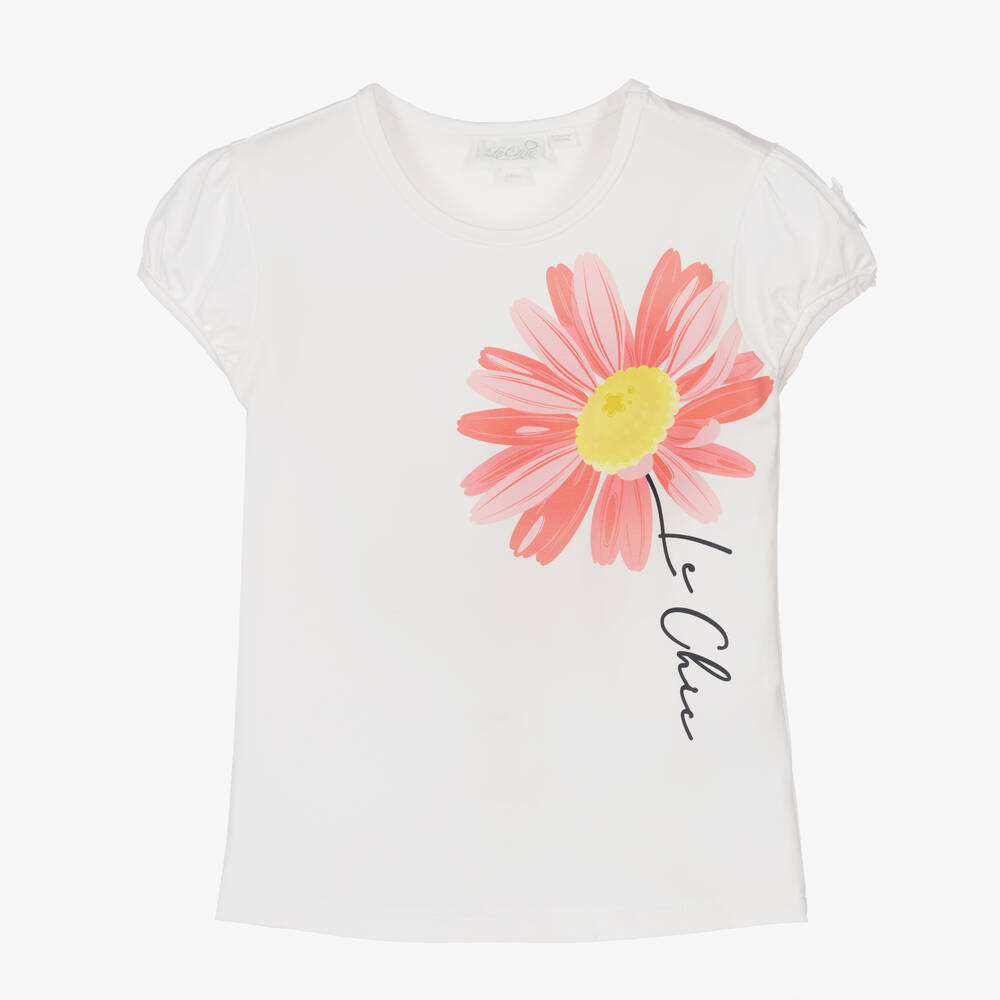Le Chic - Girls White Cotton Daisy T-Shirt | Childrensalon