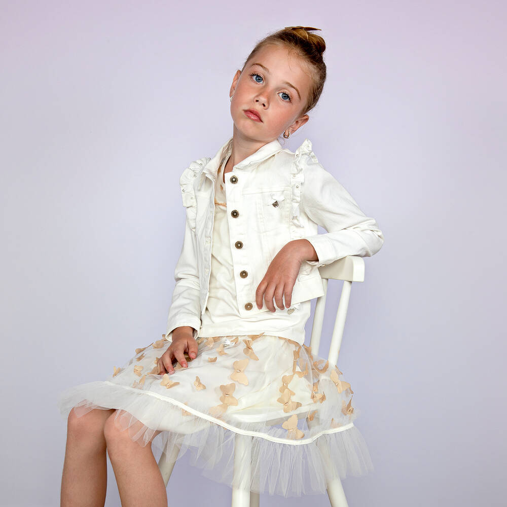 Le Chic-Girls White & Ivory Butterfly Tulle Skirt | Childrensalon Outlet