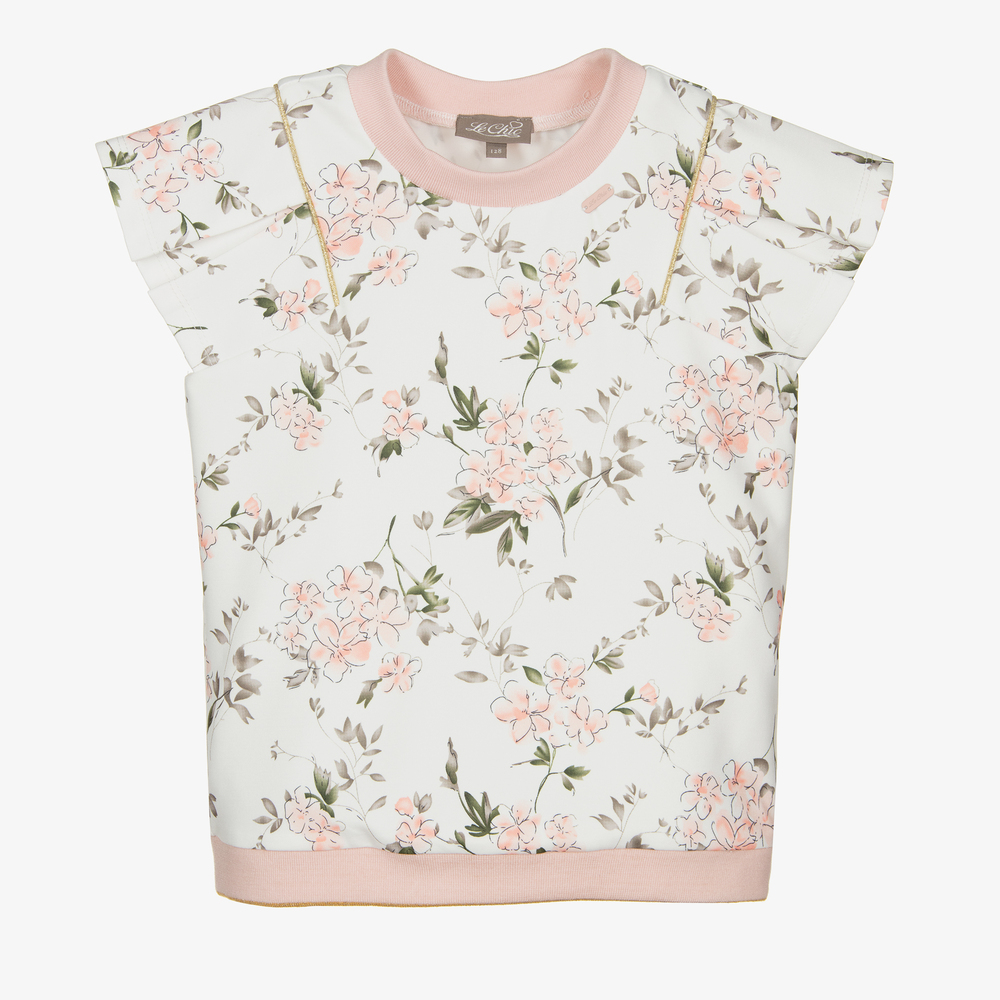 Le Chic - Girls White & Pink Floral Top | Childrensalon
